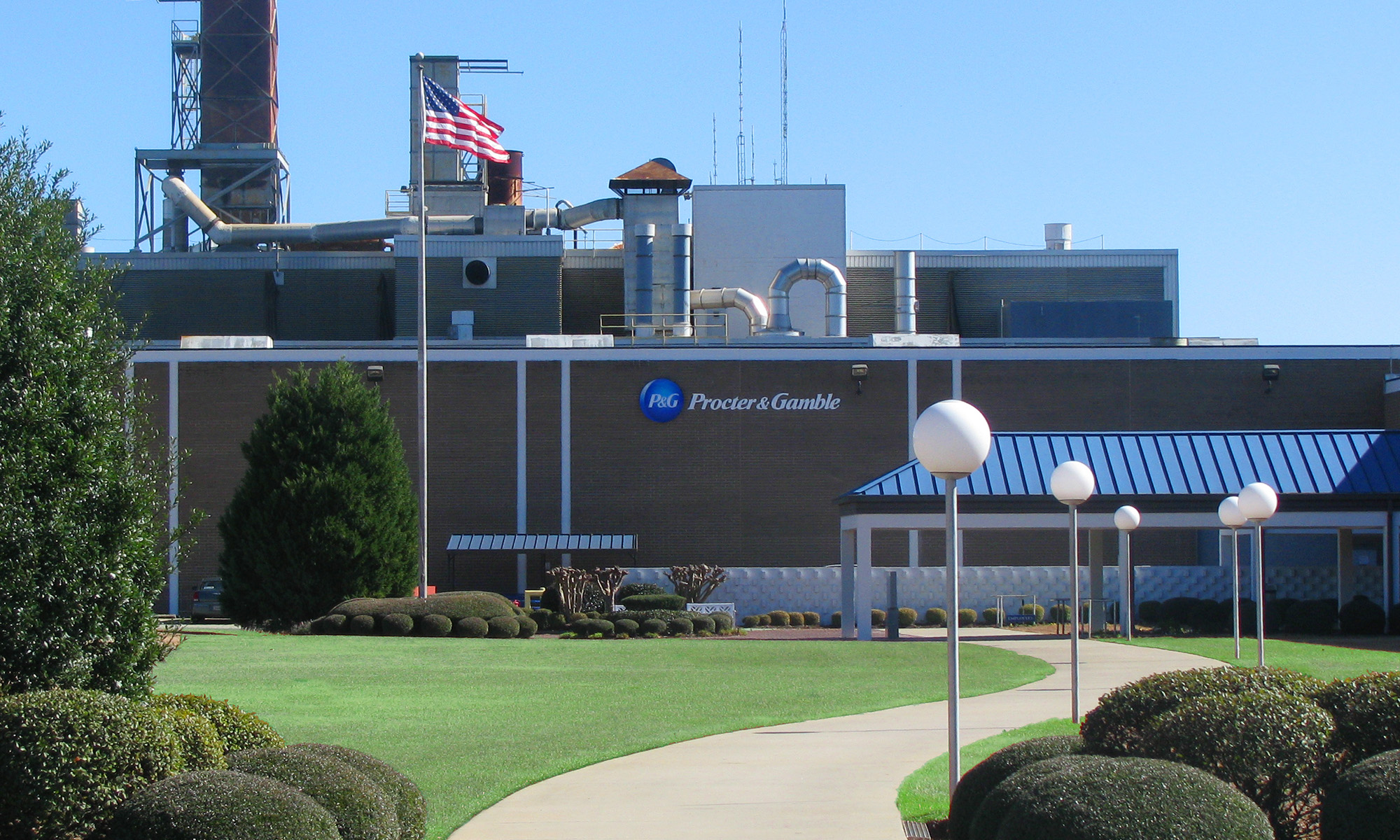 Procter & Gamble logo on the side of a building. 