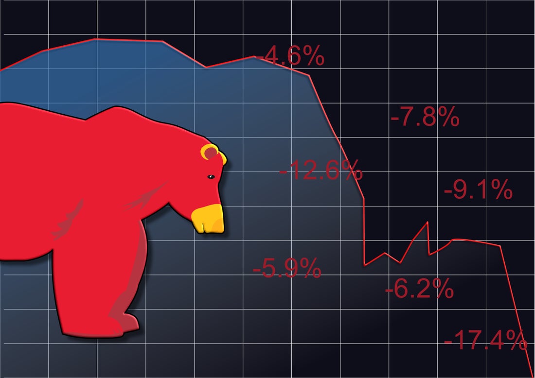 Illustrated bear looking down as a stock market graph shows market values falling.