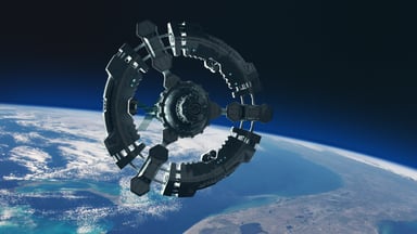 Futuristic space station orbiting Earth.
