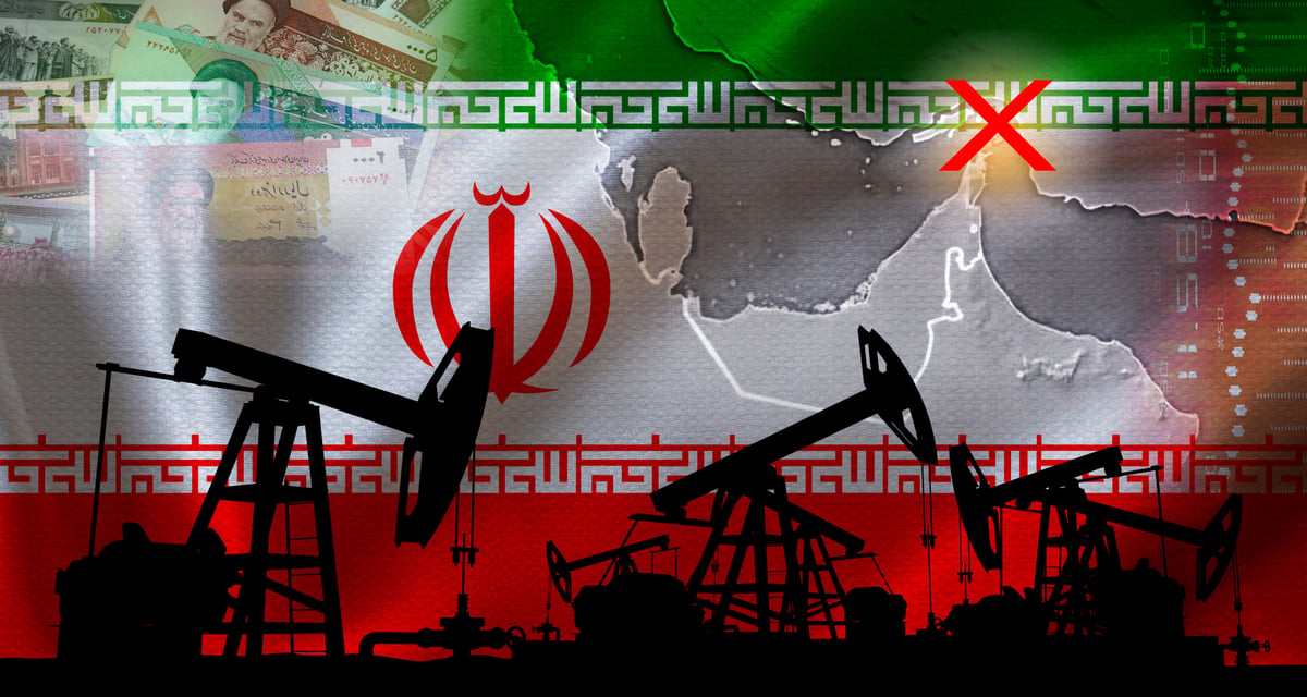 Oil well silhouettes in front of an Iranian flag and a Middle East map with the Strait of Hormuz marked by an X.