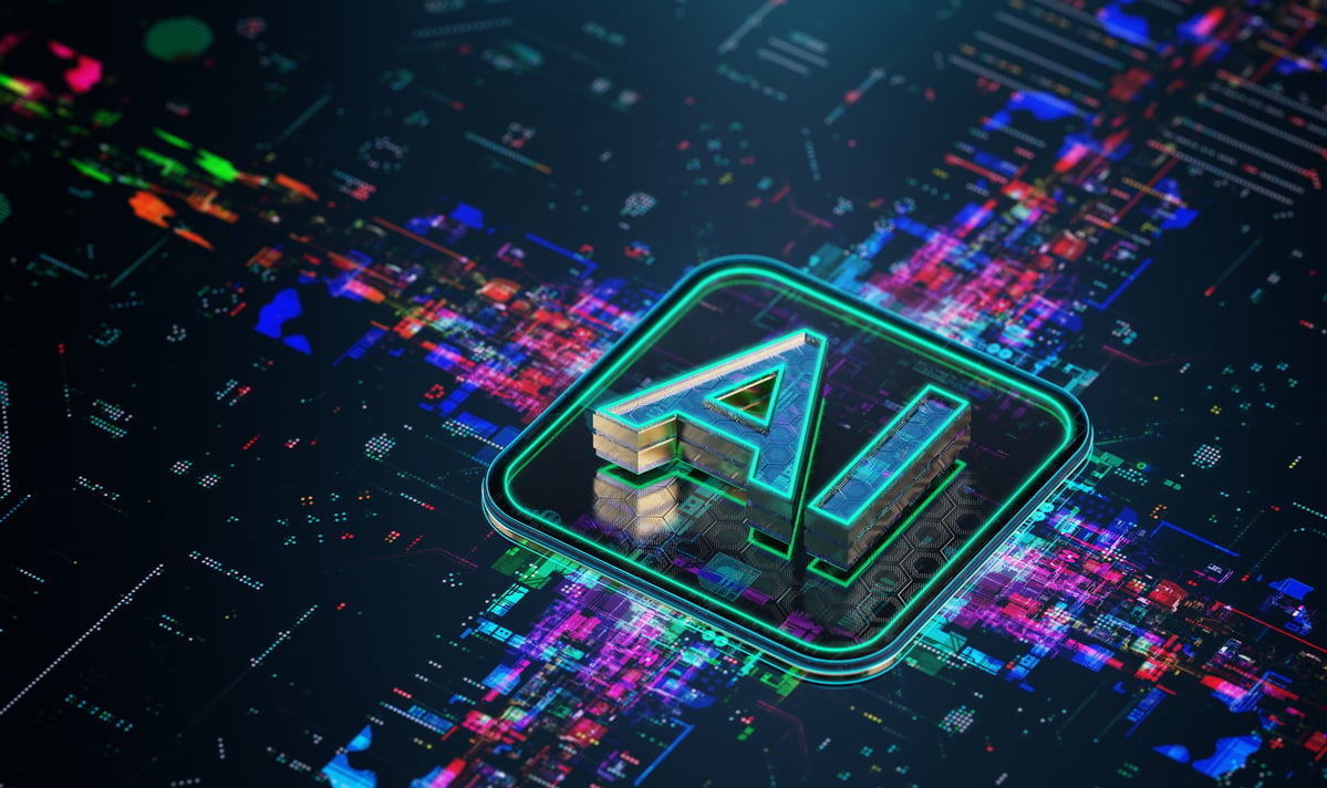 The letters AI against a colorful tech background.