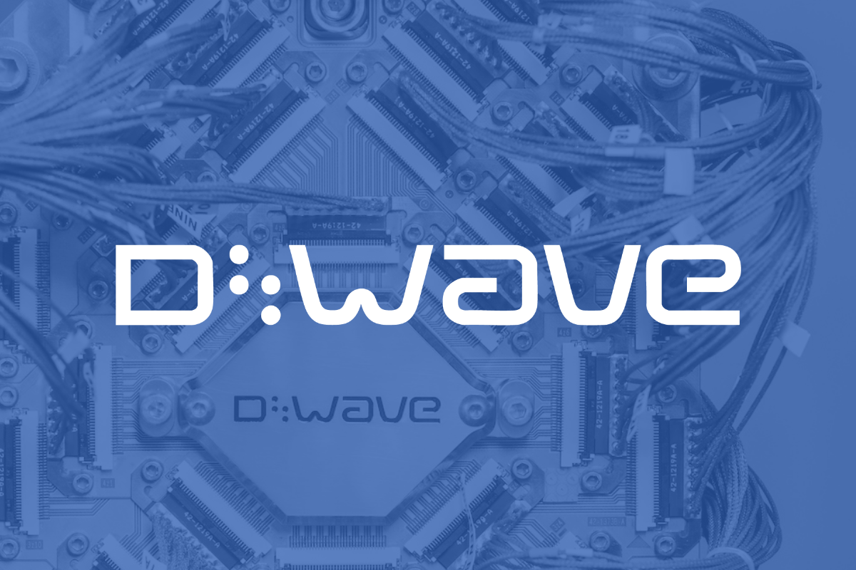 white D-Wave logo set over blue shadow picture of quantum computer internals.