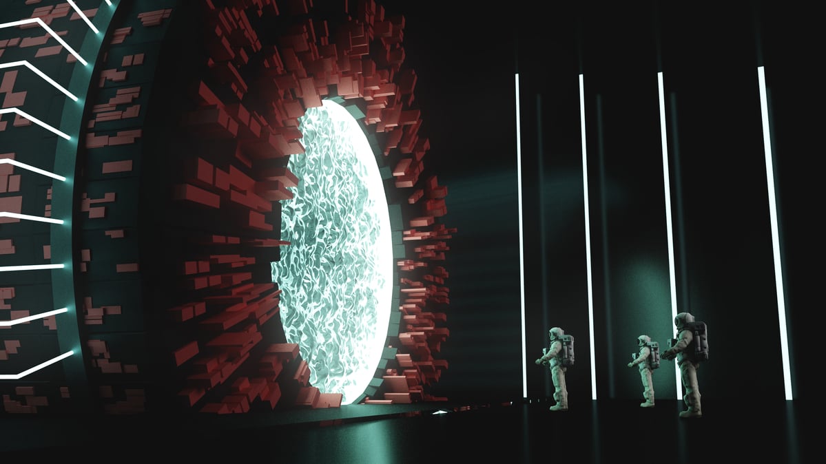 Astronauts entering a time portal.