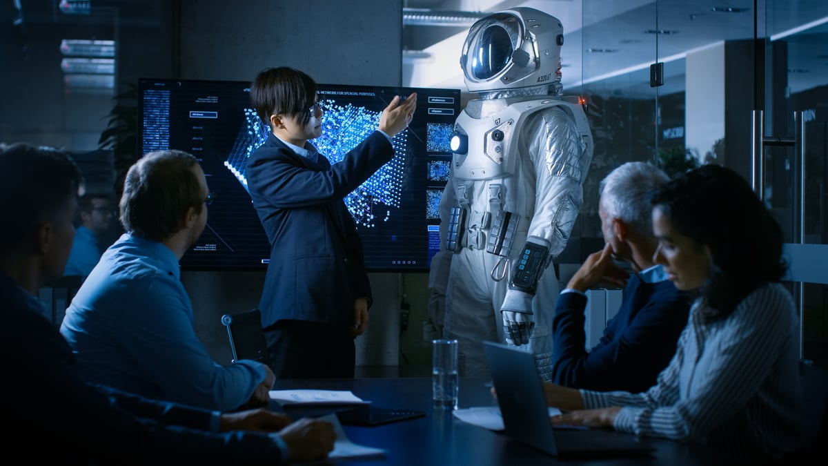 An astronaut in an office building.