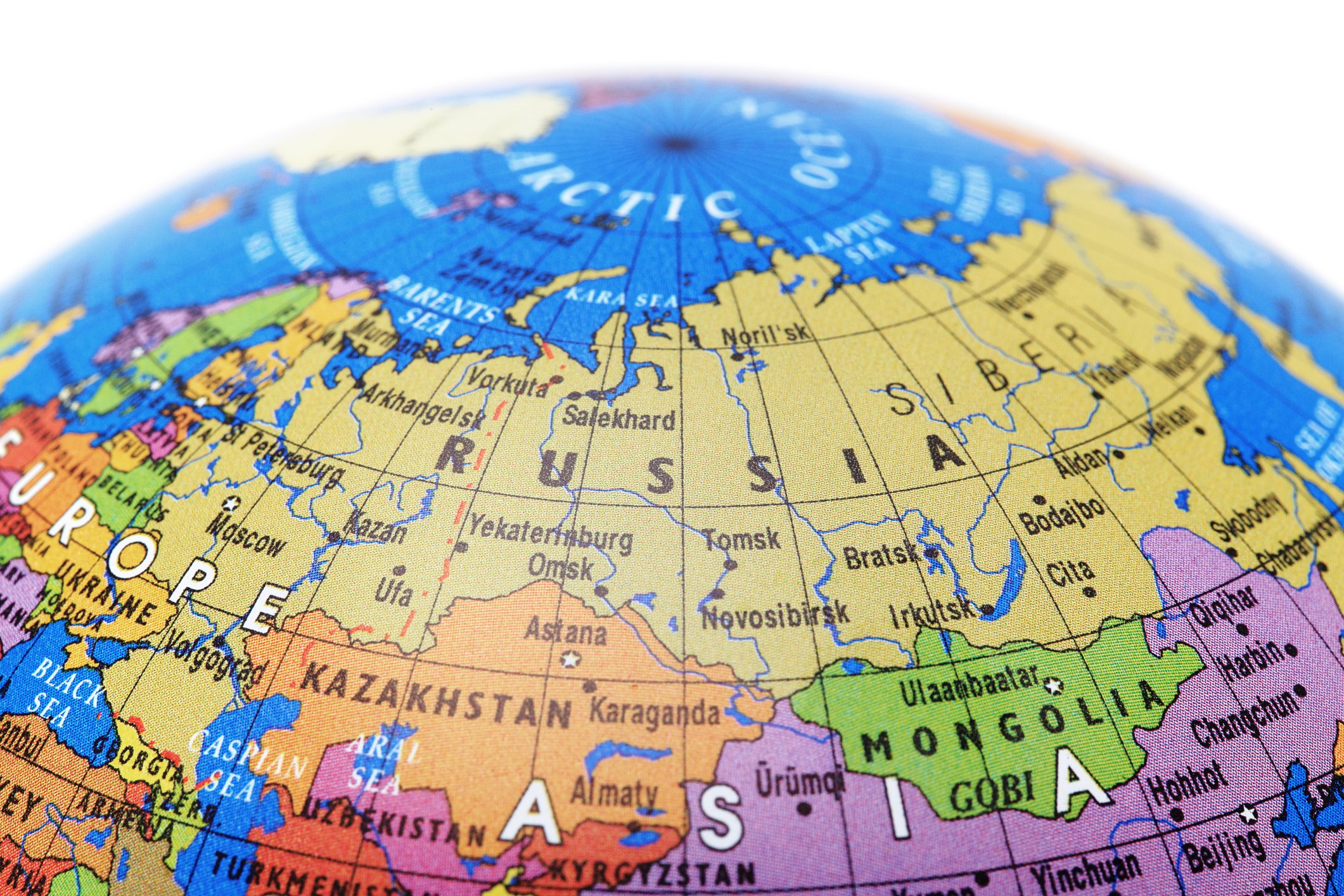 Colorful globe shows map of Russia