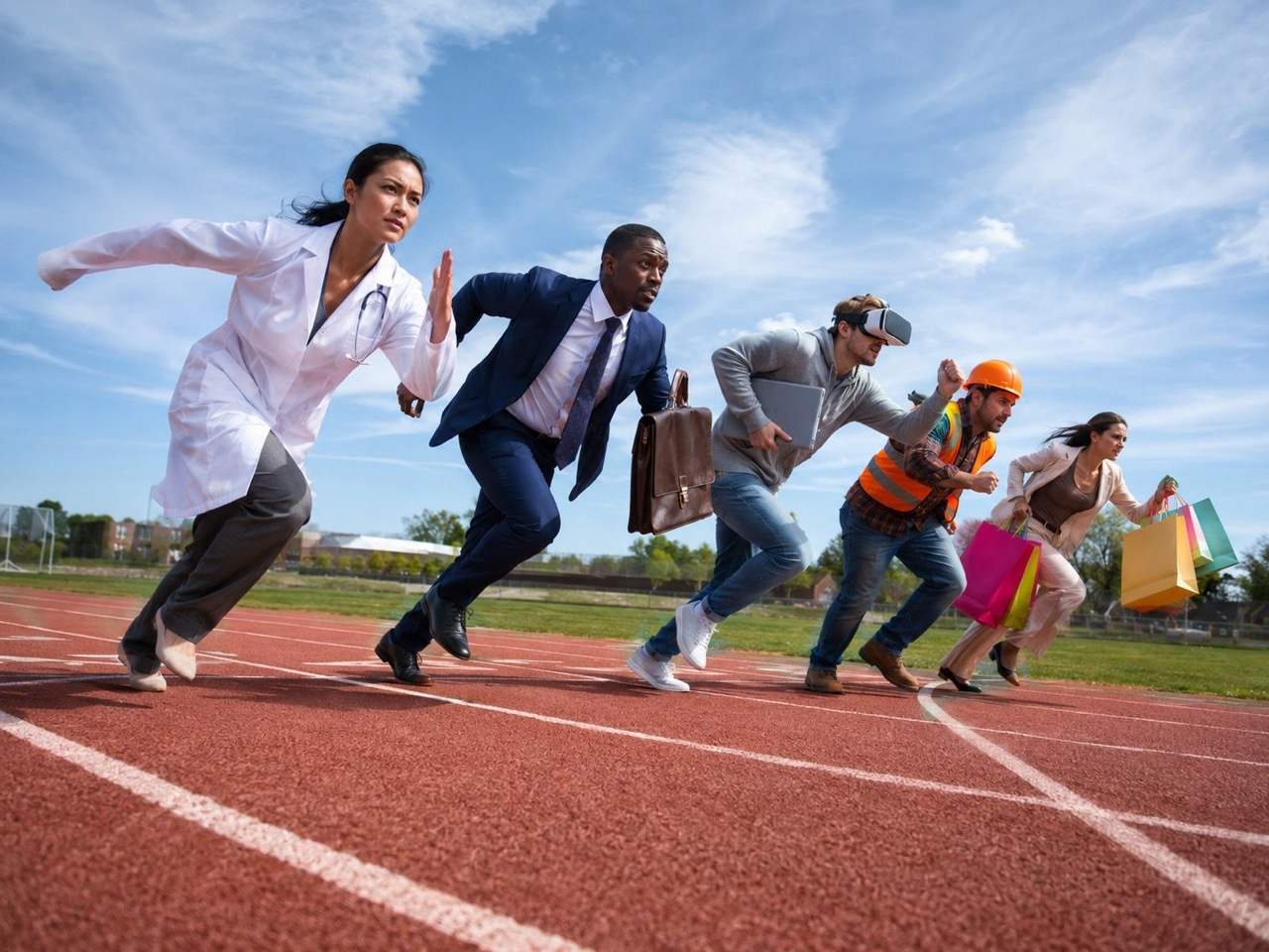 Five people, with a lab coat, a suit and briefcase, a VR headset and laptop, a hard hat, and shopping bags, respectively, run a race on a track.