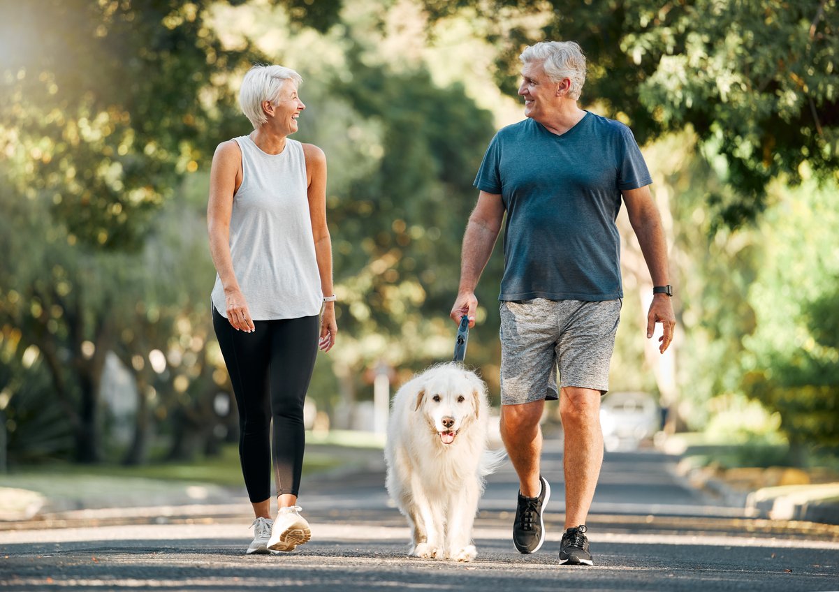 Smiling couple out for a walk with a dog