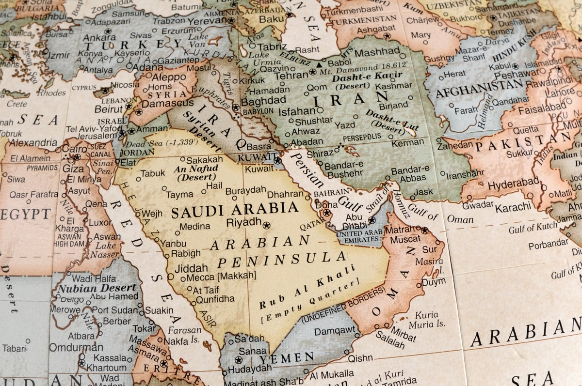 A close up of a globe, highlighting the Middle East.