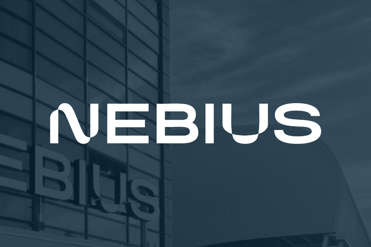 white Nebius logo set over shaded view of a company data center. 