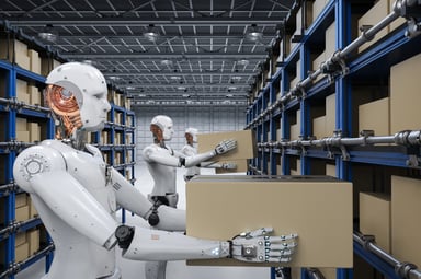 Humanoid robots holding boxes