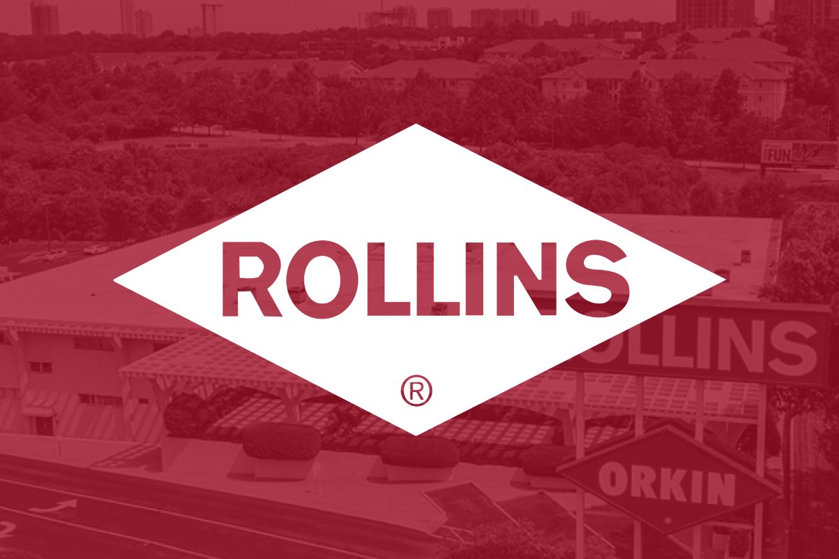 A Rollins logo sits versus a red backdrop of an old-school Rollins location.