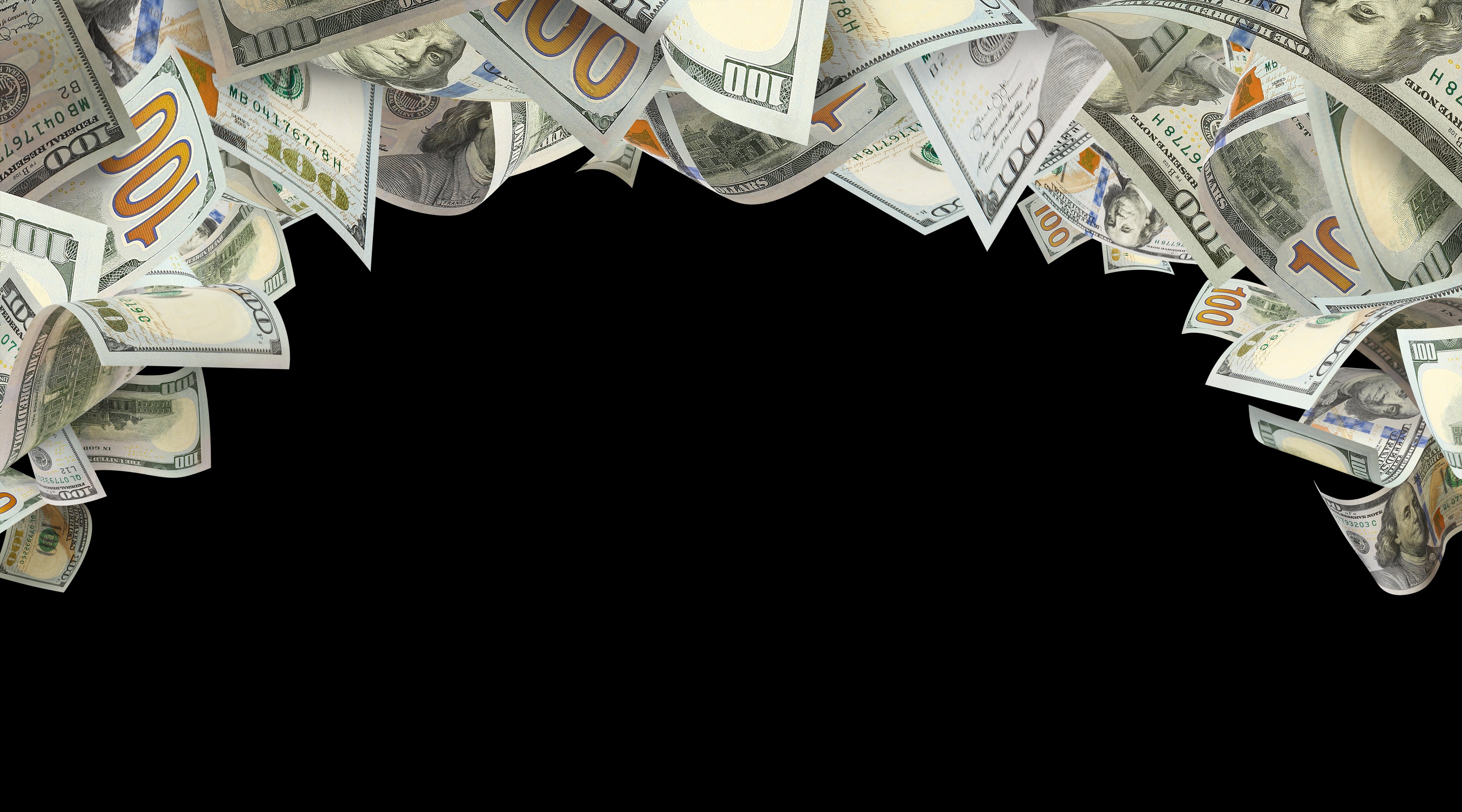 Stream of $100 bills flying through the air in an arc.