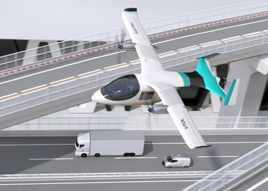 An eVOTL aircraft flying above a highway