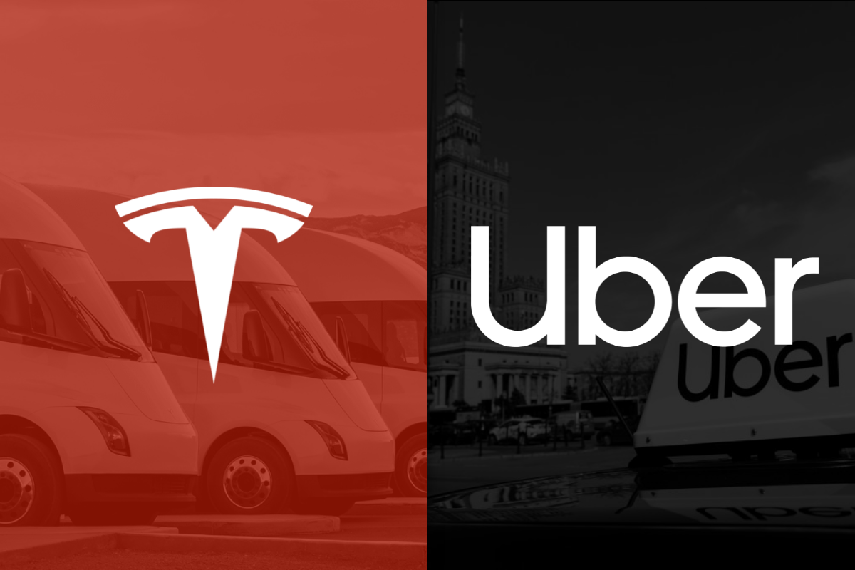 A side-by-side image of Tesla's and Uber's logos.