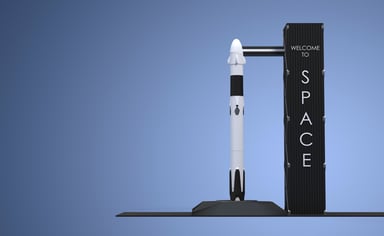 A rocket next to a column that says space