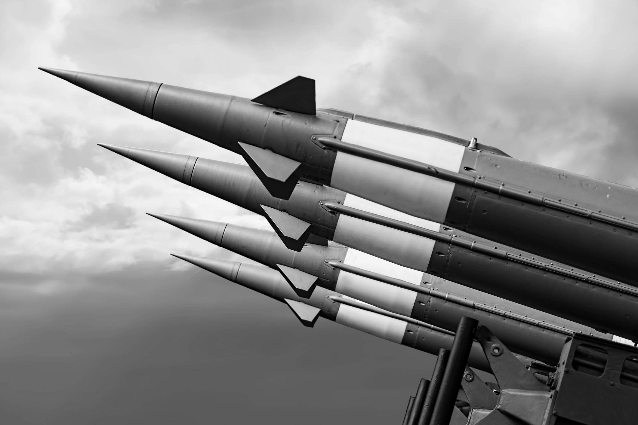 Black and white photo of a missile battery.