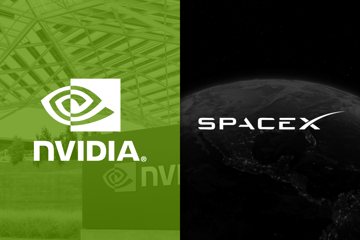 Nvidia's and SpaceX's logos on a green and black background, respectively.