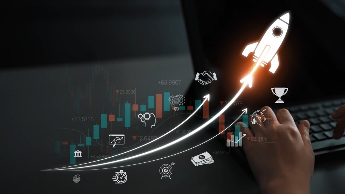 digital rocket with finance icons and stock chart.
