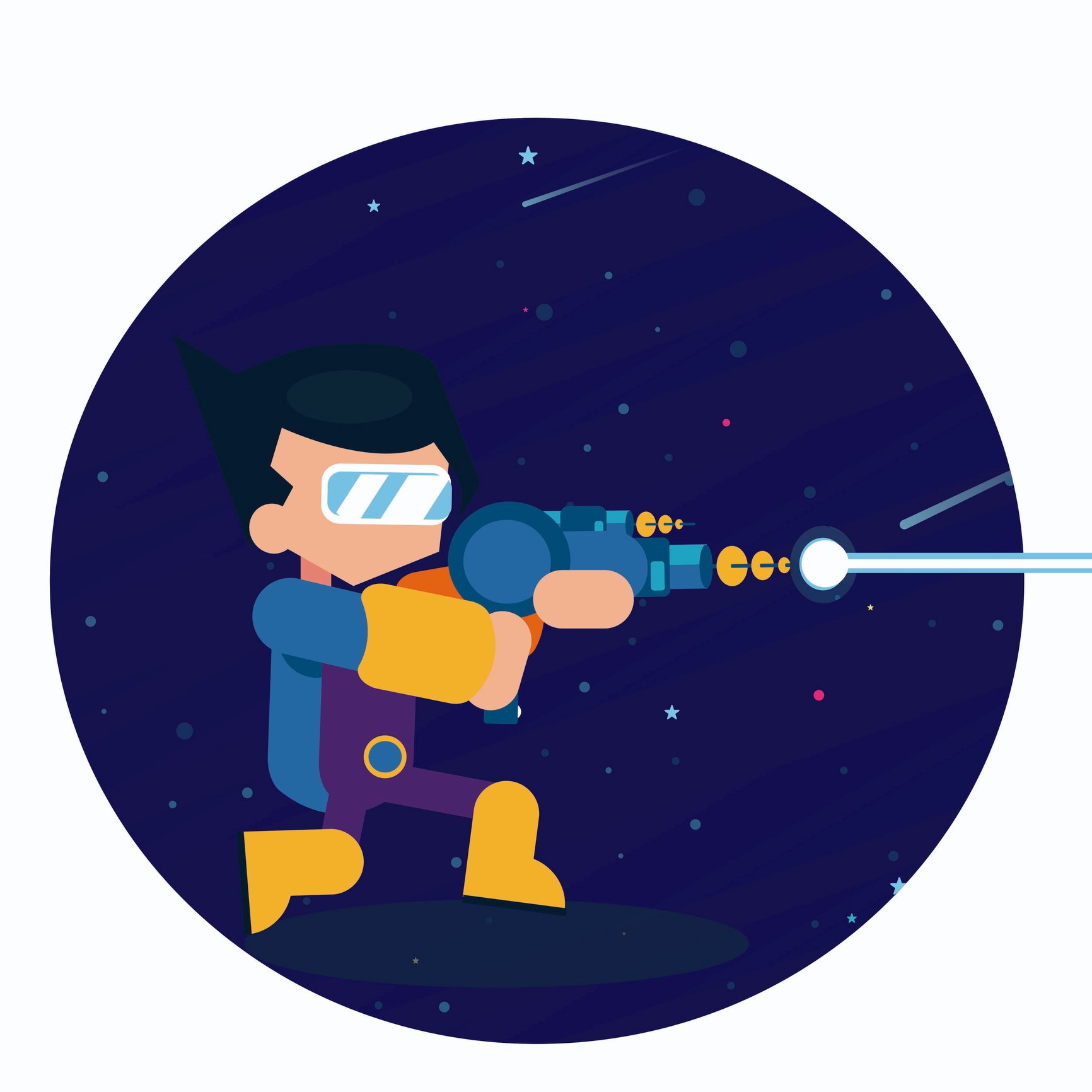 Cartoon character firing a laser gun