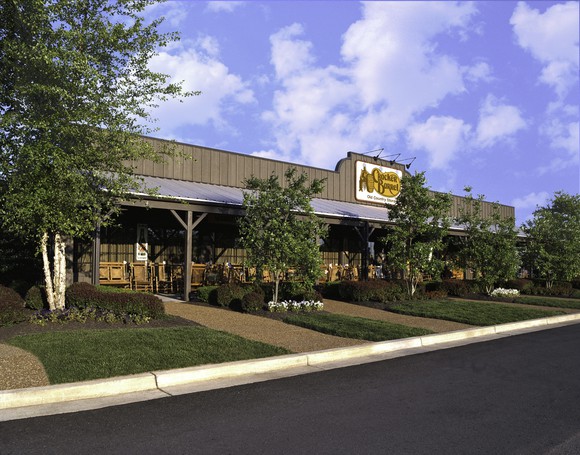Exterior of a Cracker Barrel restaurant.