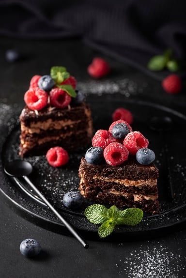 chocolate layer cake with berries