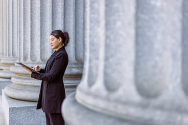 Woman outside courthouse
