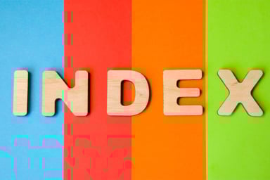 The word Index against a background of colored stripes