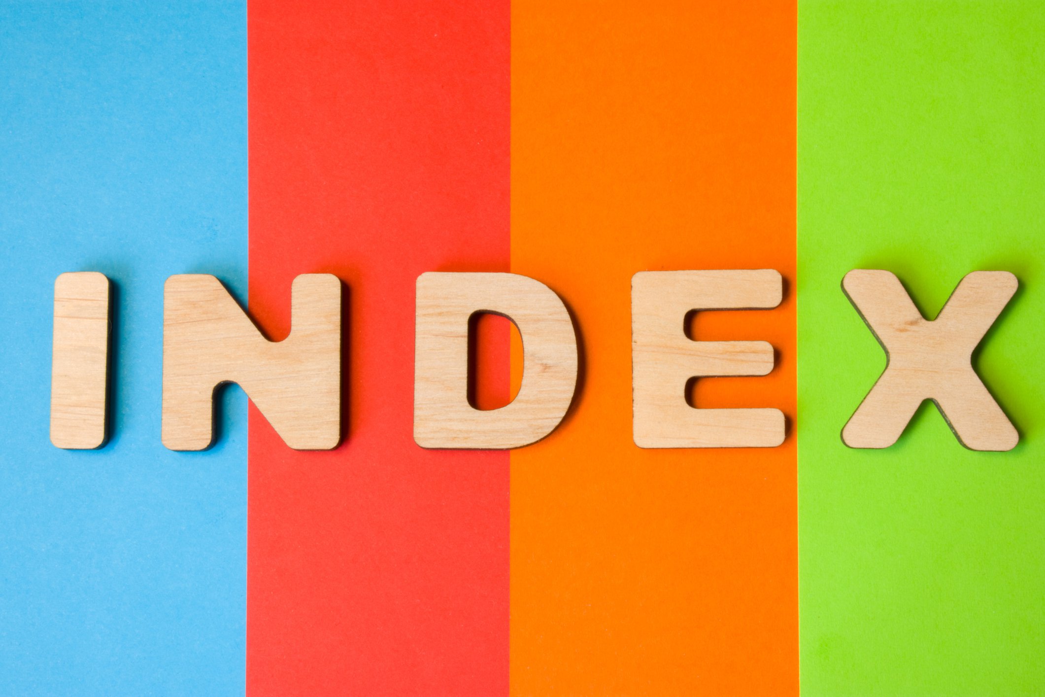 The word Index against a background of colored stripes