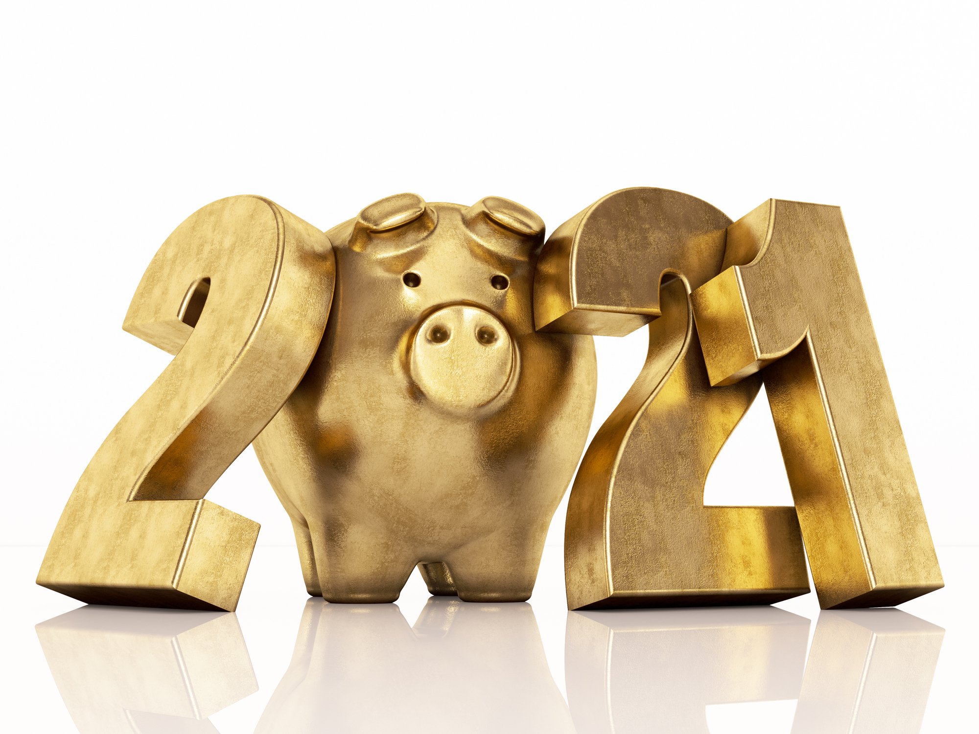 Golden piggy bank and 2021