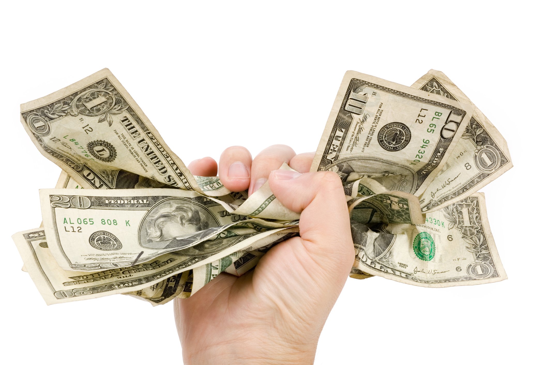 Gripping dollar bills in an iron fist