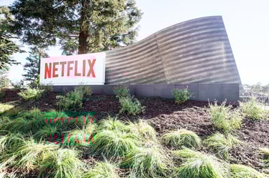 A Netflix sign outdoors in a landscaped area