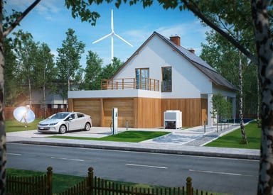 electric car and house and wind turbine