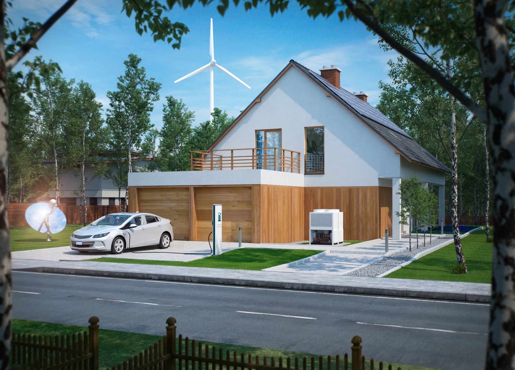 electric car and house and wind turbine
