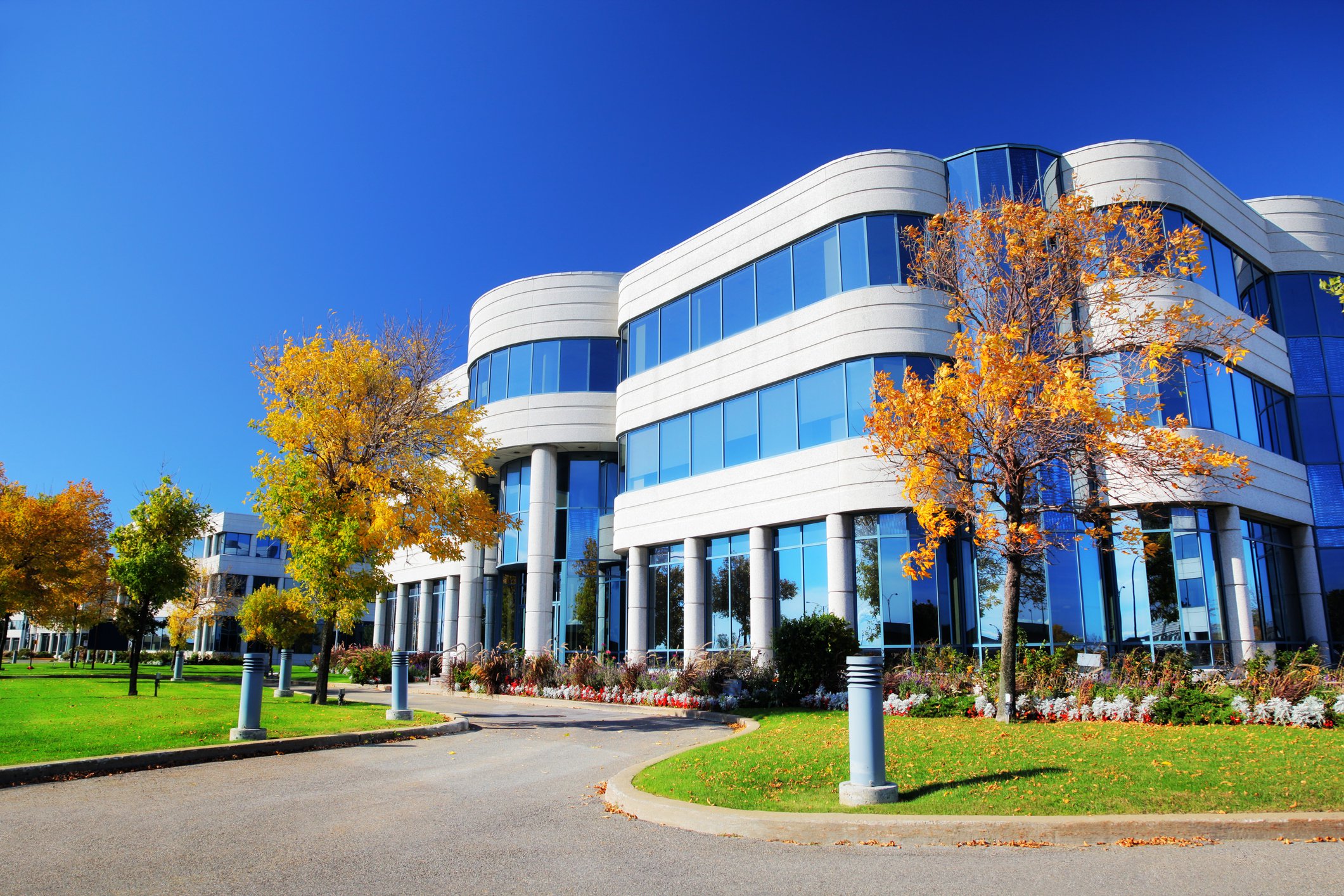 Office building exterior at fall.
