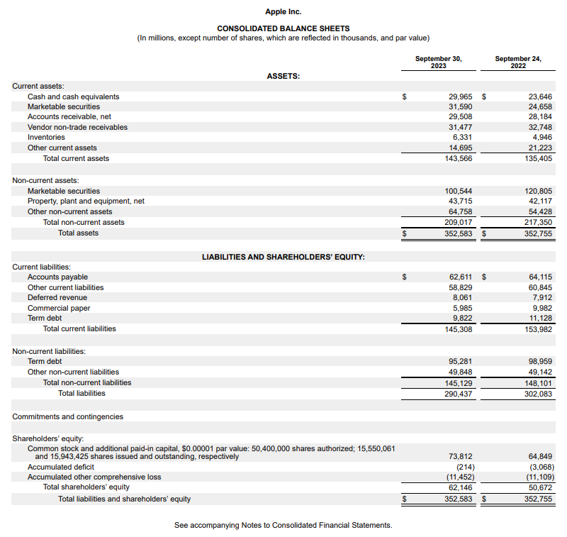 Apple fiscal year 2023 balance sheet.