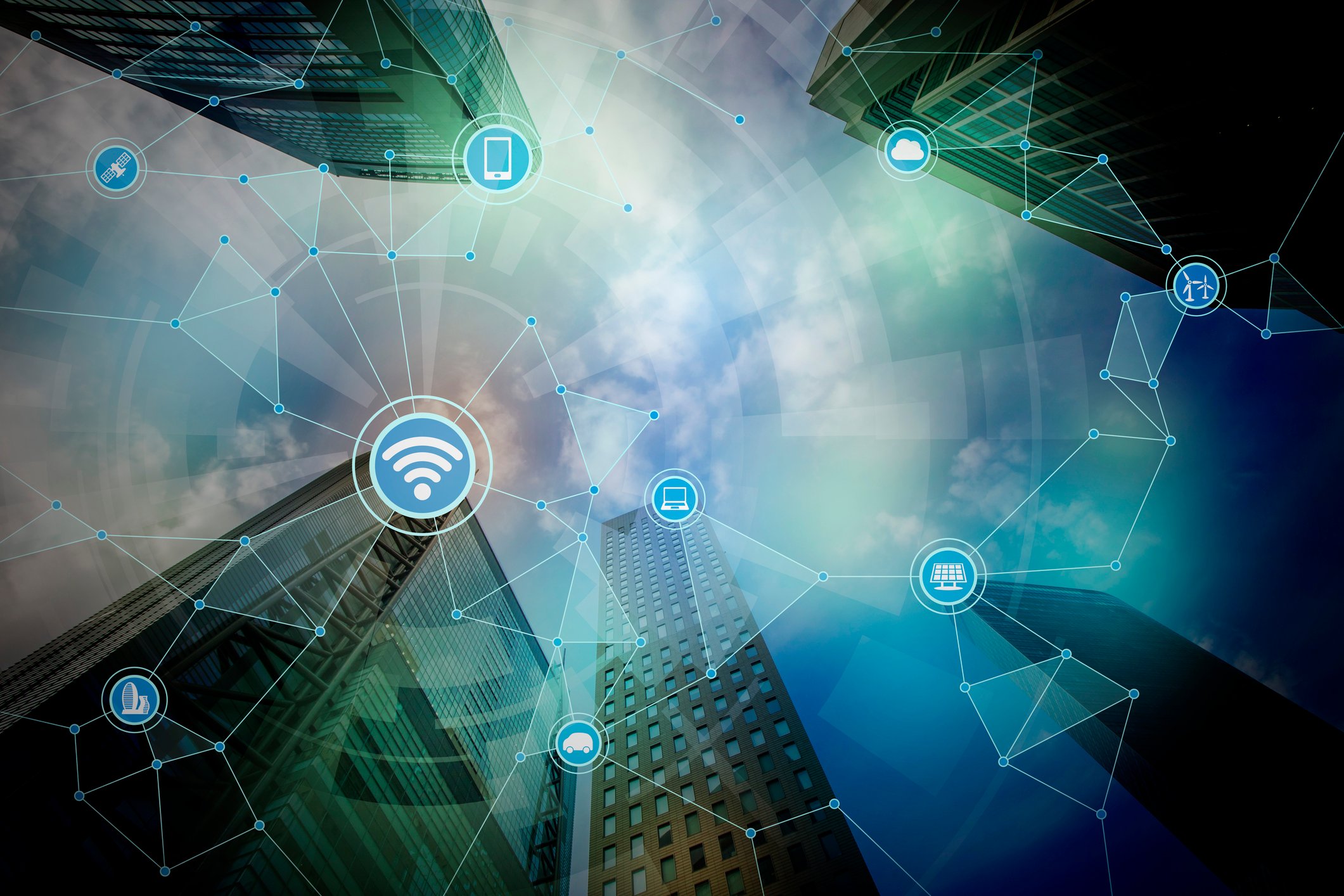 Skyscrapers and digital symbols for connection