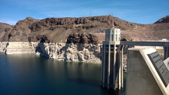 Hoover Dam, with the water line showing how far water levels have fallen.