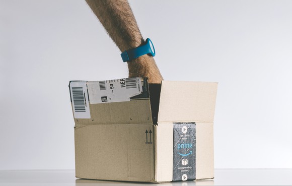 Hand inside of an open Amazon box