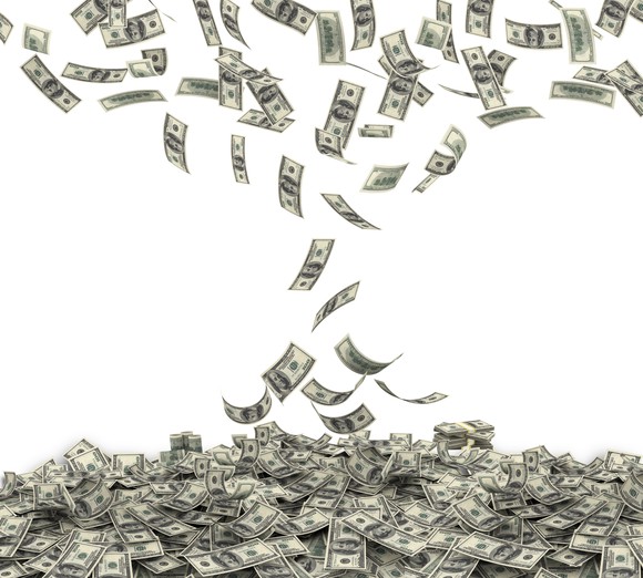 Falling hundred-dollar bills.