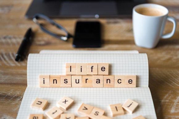 Wooden tiles on a notebook spelling out life insurance with laptop, pen, pair of glasses, smartphone, and coffee cup in the background
