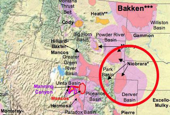 A map of some oil and gas basins in the Rockies, along with major shale plays