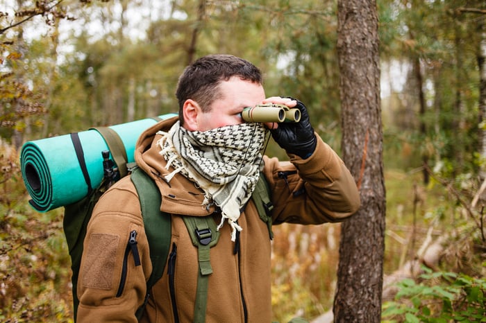 A man wearing a backpack and a bandana peers through binoculars in the woods