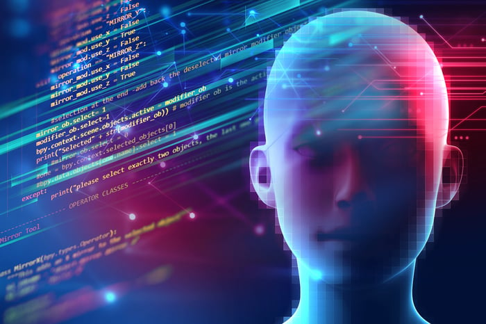 3d rendering of human head on a geometric element technology background.