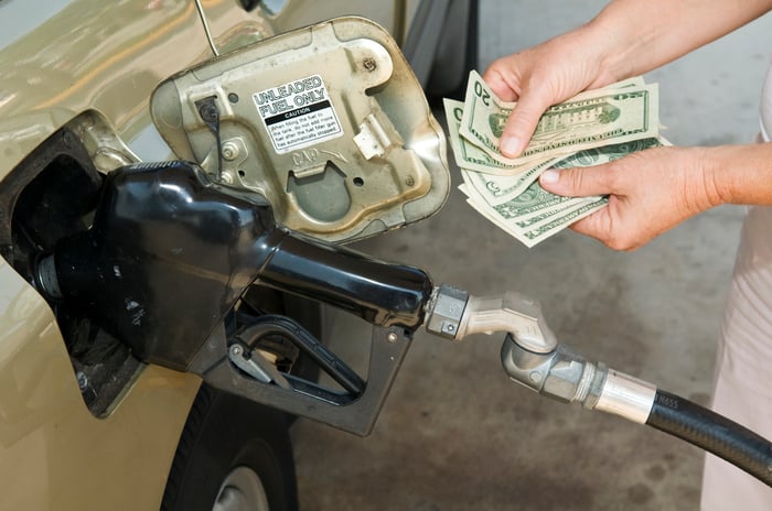 Someone counts money while a gas pump fills a car with gas.