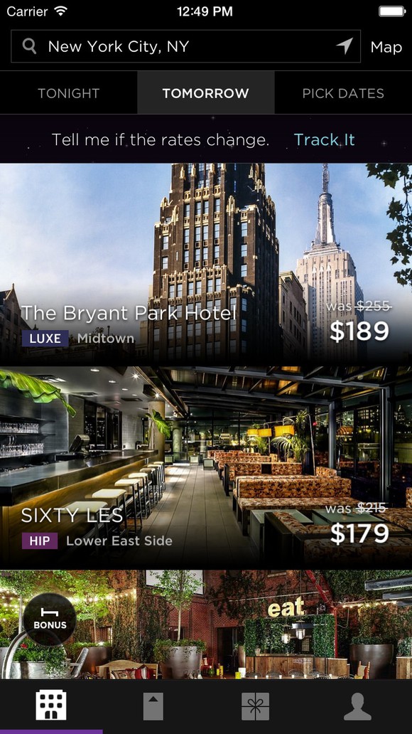 Booking a room on HotelTonight via mobile app