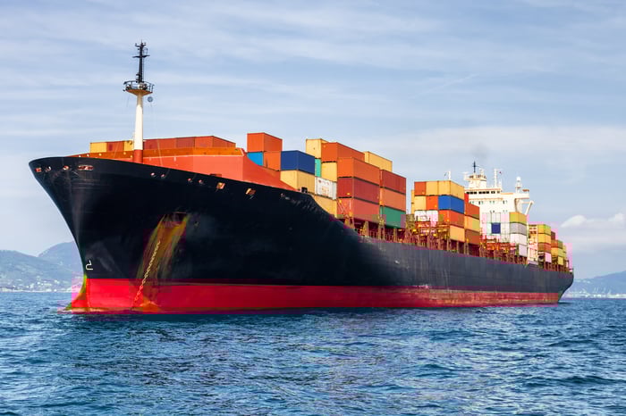 A seafaring cargo ship.