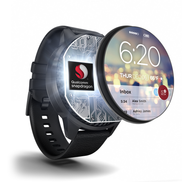 Picture of a smartwatch screen coming off of the watch to reveal a Qualcomm processor behind it