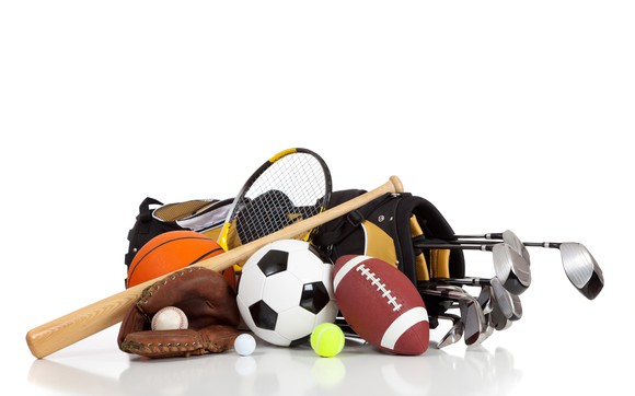 Pile of sporting goods equipment.