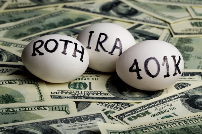 Three eggs, labeled Roth, 401k, IRA, sitting on cash.