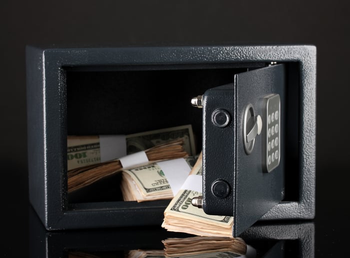 A small safe, with its door open and money inside